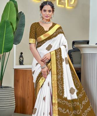 Buti hand block print with hevay zari bodar sarees 1