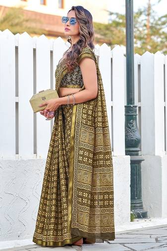Hand block print with hevay zari bodar sarees