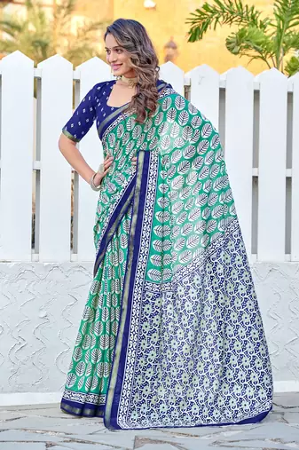 Hand block print with hevay zari bodar sarees