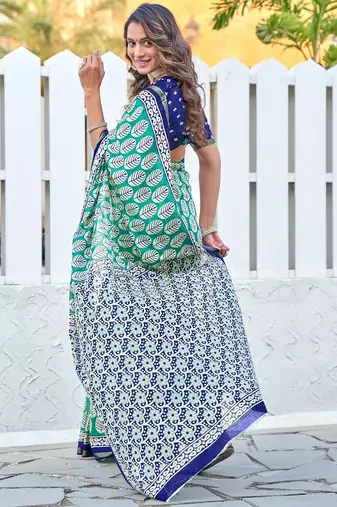Hand block print with hevay zari bodar sarees