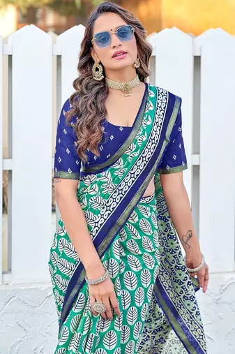 Hand block print with hevay zari bodar sarees