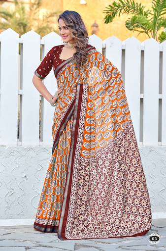 Hand block print with hevay zari bodar sarees