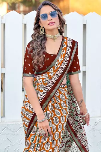 Hand block print with hevay zari bodar sarees