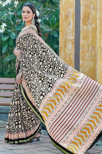 Hand block print with hevay zari bodar sarees
