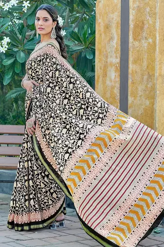 Hand block print with hevay zari bodar sarees
