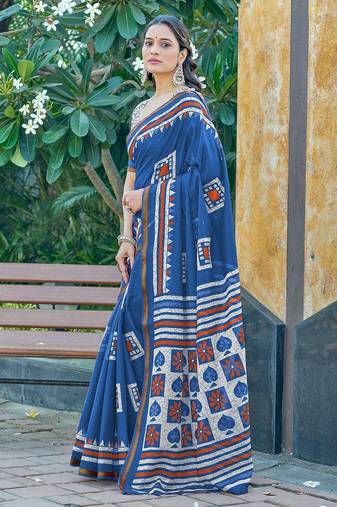 Hand block print with hevay zari bodar sarees