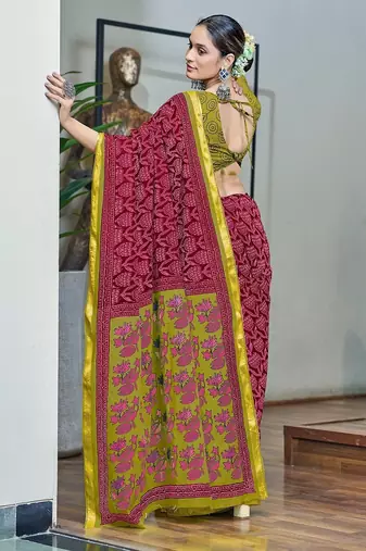 Hand block print with hevay zari bodar sarees