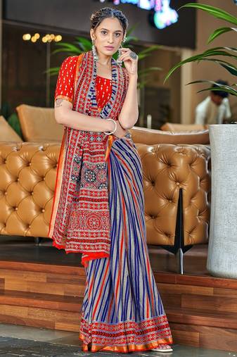 Hand block print with hevay zari bodar sarees