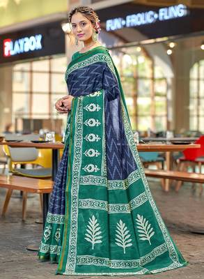 Hand block print with hevay zari bodar sarees 1