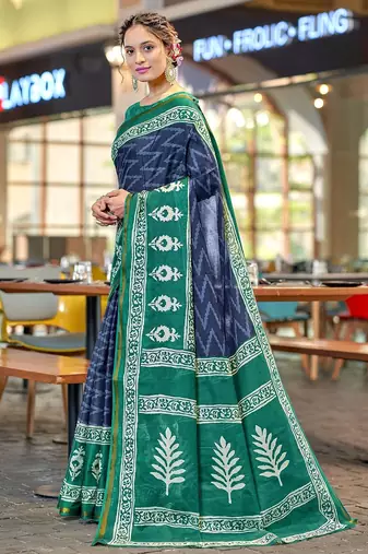 Hand block print with hevay zari bodar sarees
