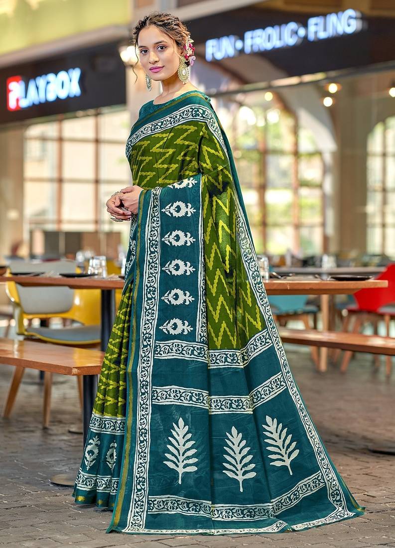 Hand block print with hevay zari bodar sarees