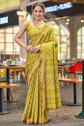 Hand block print with hevay zari bodar sarees