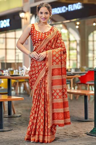 Hand block print with hevay zari bodar sarees