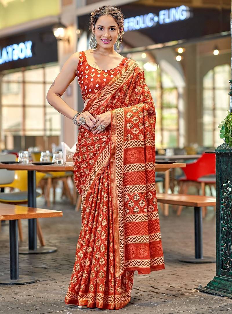 Hand block print with hevay zari bodar sarees