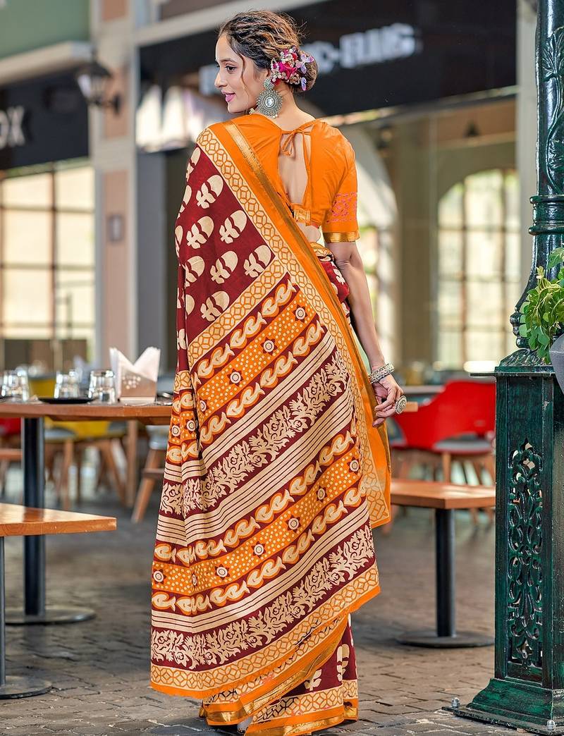 Hand block print with hevay zari bodar sarees