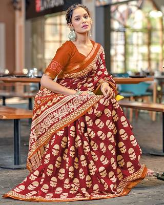 Hand block print with hevay zari bodar sarees 2