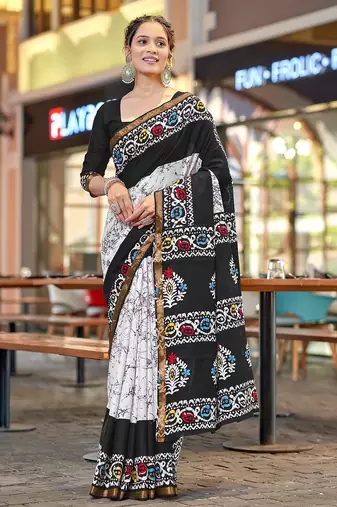 Hand block print with hevay zari bodar sarees
