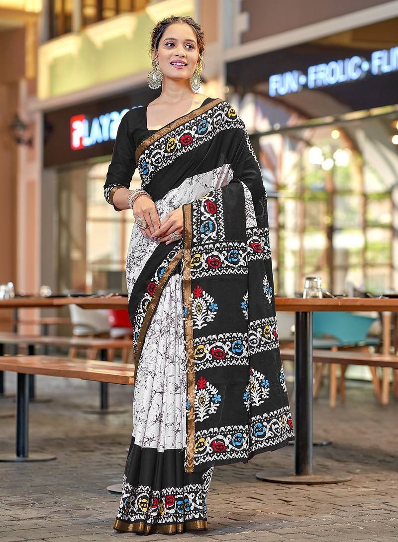 Hand block print with hevay zari bodar sarees