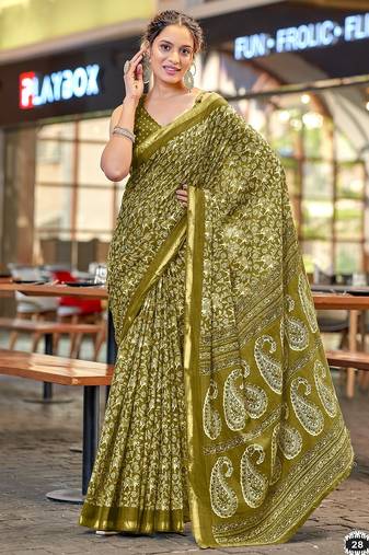 Hand block print with hevay zari bodar sarees