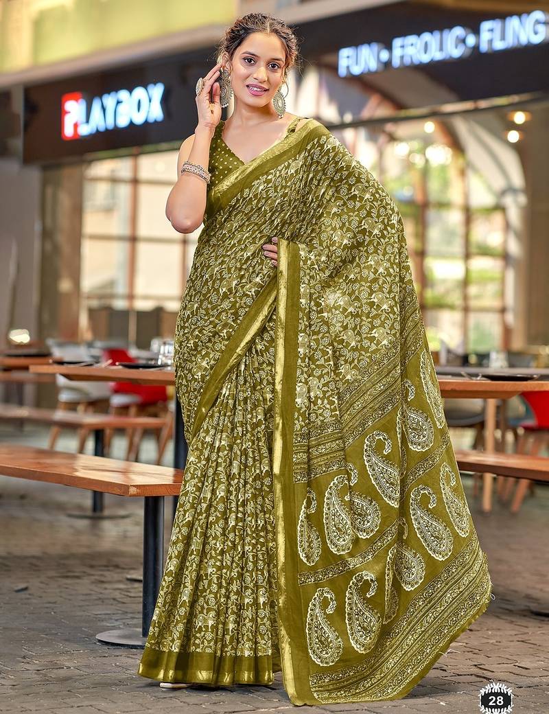Hand block print with hevay zari bodar sarees