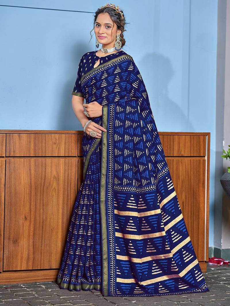 Hand block print with hevay zari bodar sarees