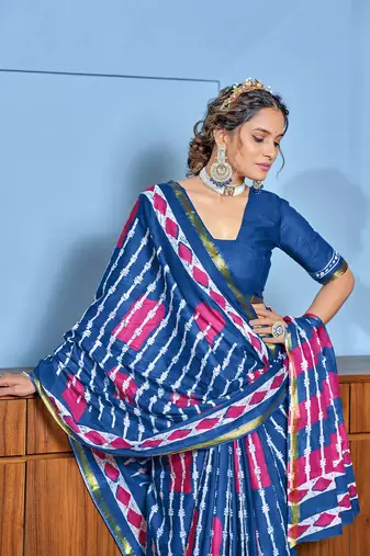 Hand block print with hevay zari bodar sarees