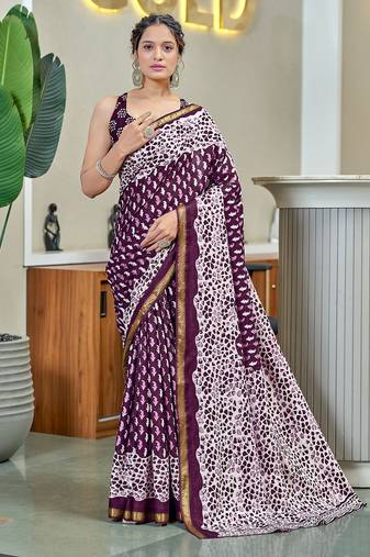 Hand block print with hevay zari bodar sarees