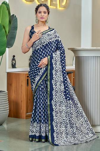 Hand block print with hevay zari bodar sarees