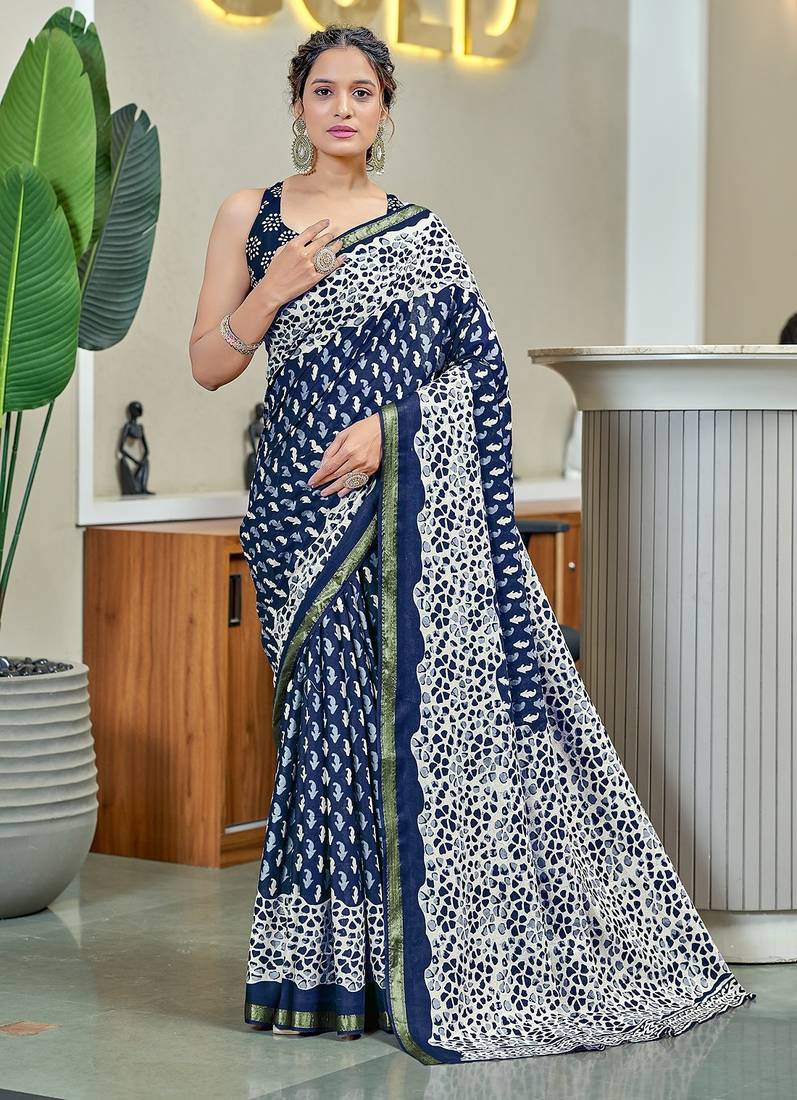 Hand block print with hevay zari bodar sarees