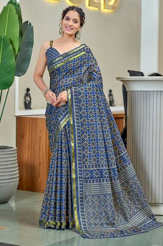 Hand block print with hevay zari bodar sarees