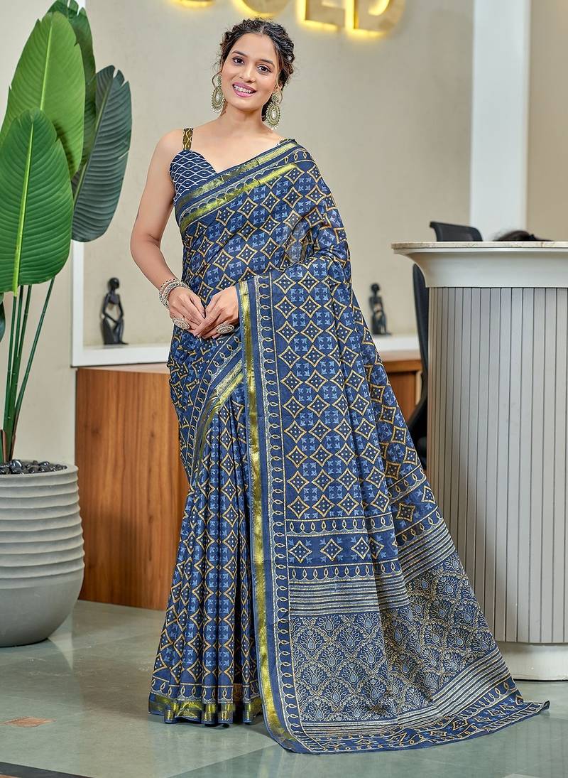 Hand block print with hevay zari bodar sarees