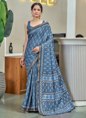 Hand block print with hevay zari bodar sarees 1