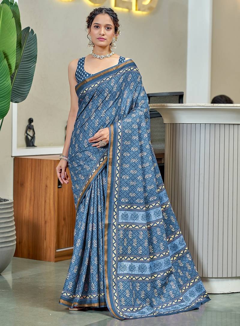 Hand block print with hevay zari bodar sarees
