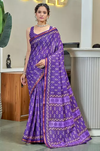 Hand block print with hevay zari bodar sarees