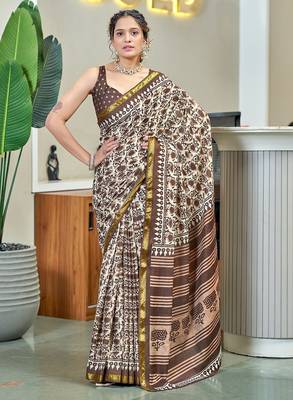 Hand block print with hevay zari bodar sarees 1