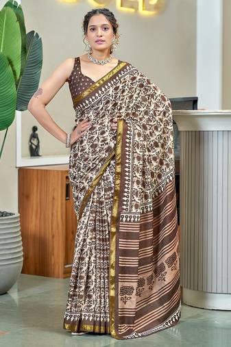 Hand block print with hevay zari bodar sarees
