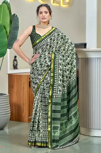 Hand block print with hevay zari bodar sarees