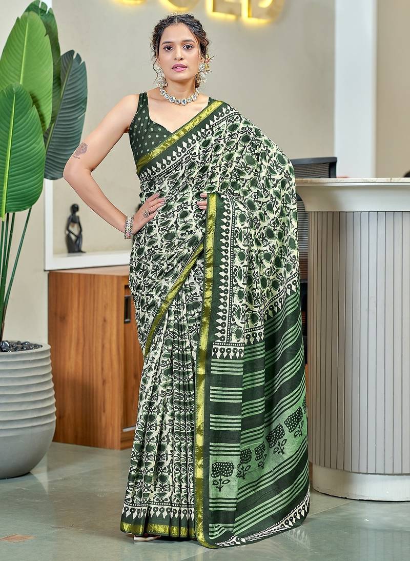 Hand block print with hevay zari bodar sarees