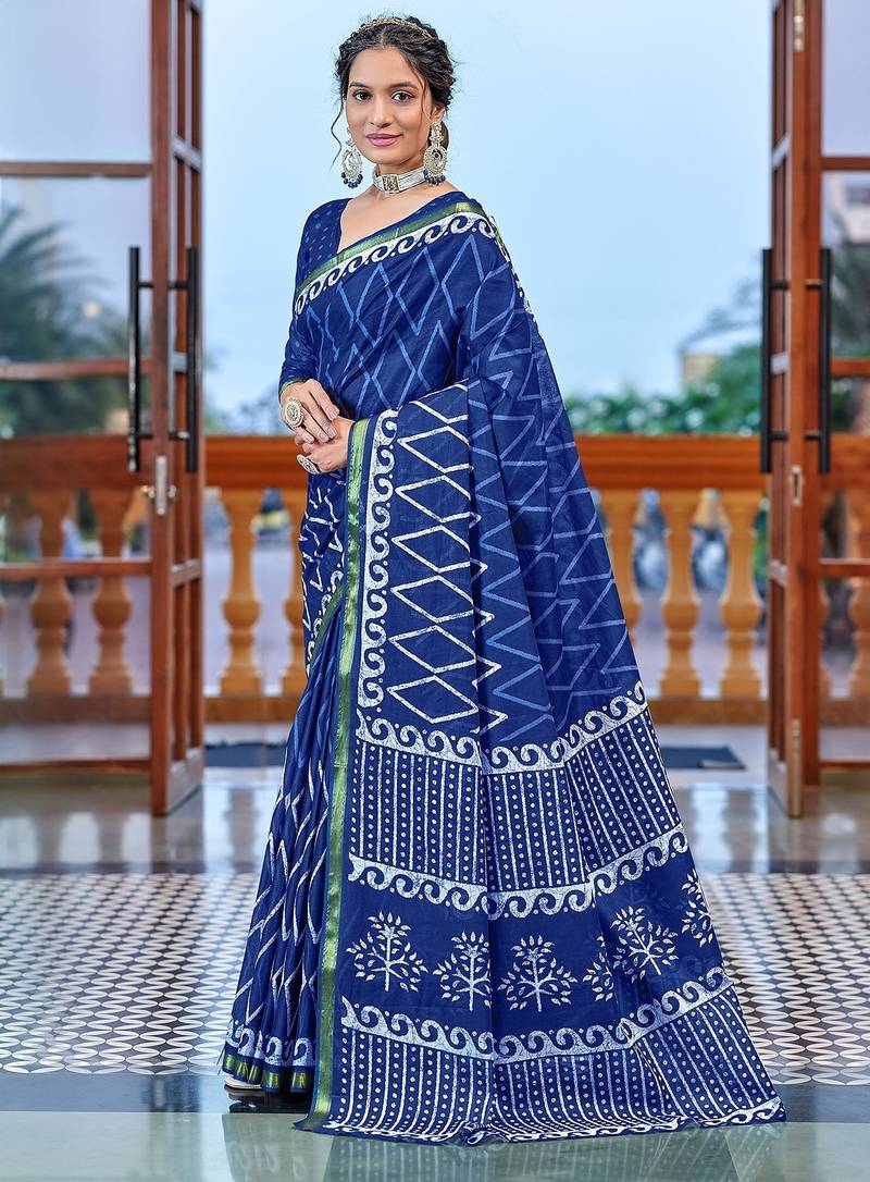 Hand block print with hevay zari bodar sarees