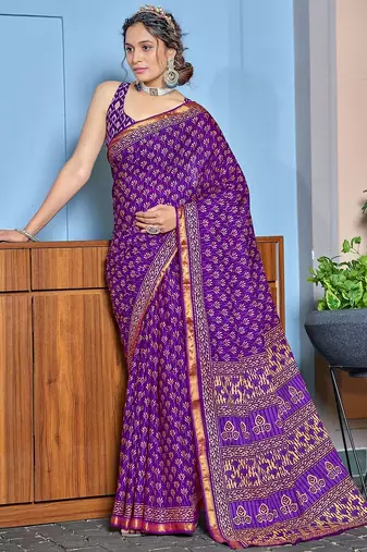 Hand block print with hevay zari bodar sarees
