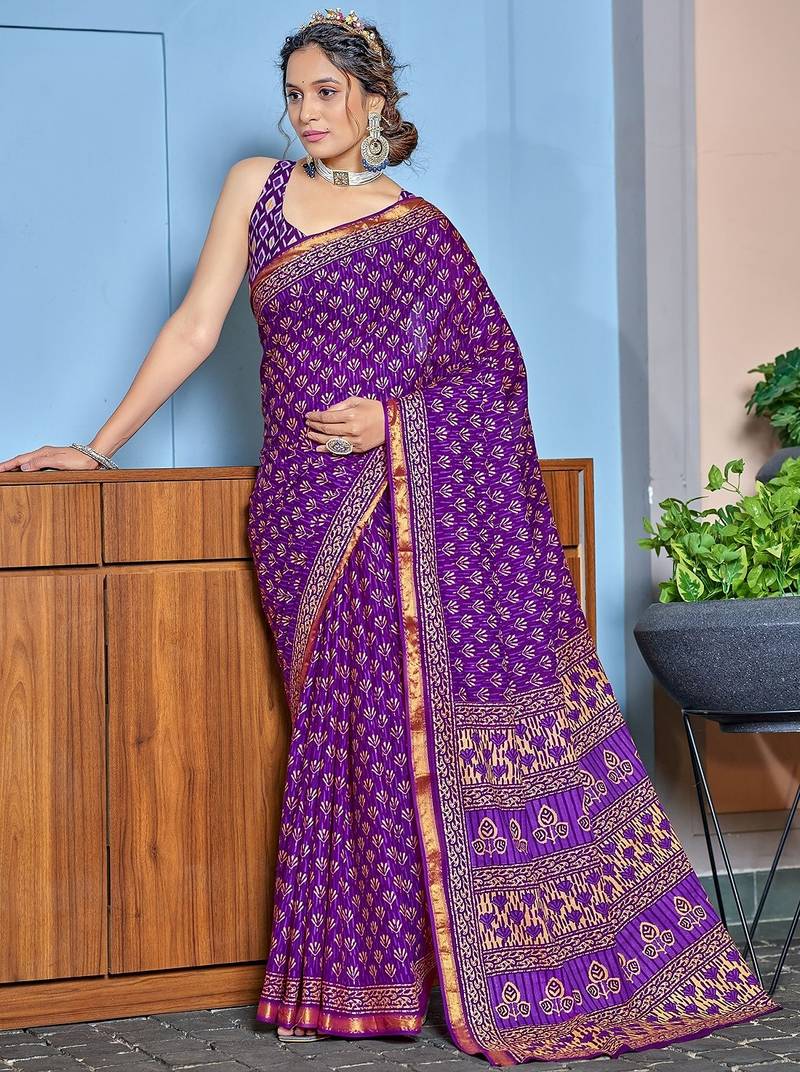 Hand block print with hevay zari bodar sarees