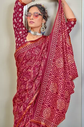 Hand block print with hevay zari bodar sarees