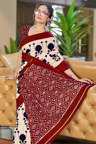 Ikkat hand block print mulmul cotton sarees
