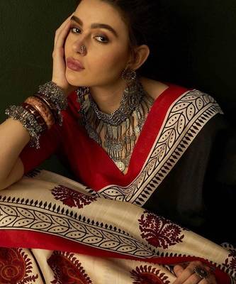 Ajrakh fancy hand block mulmul cotton sarees 2