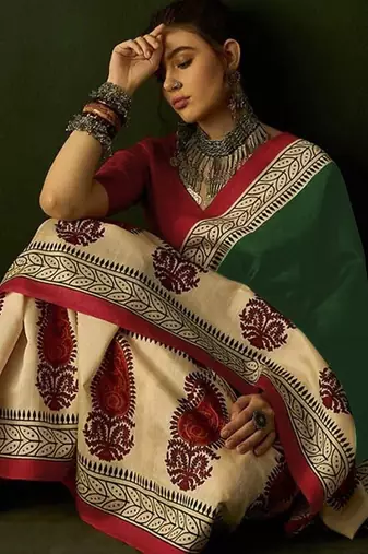 Ajrakh fancy hand block mulmul cotton sarees