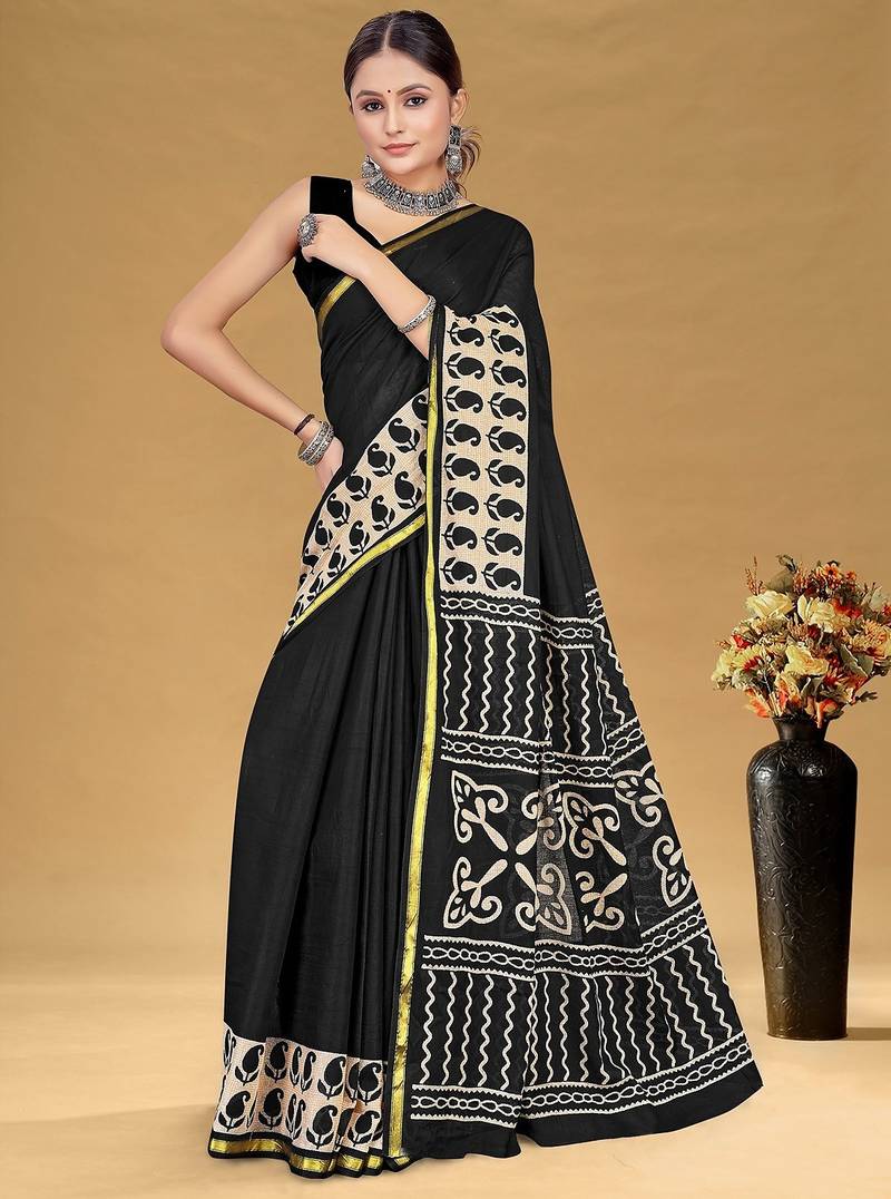 Hand block print with hevay zari bodar sarees