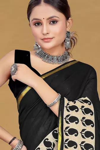 Hand block print with hevay zari bodar sarees