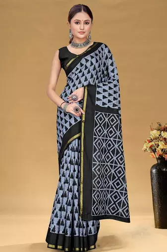 Hand block print with hevay zari bodar sarees