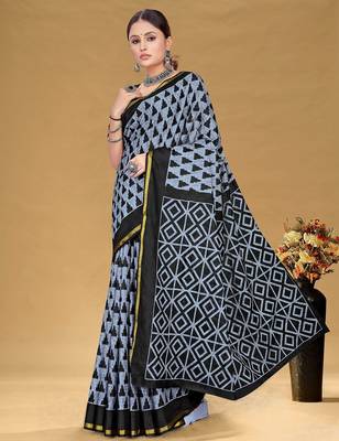 Hand block print with hevay zari bodar sarees 3