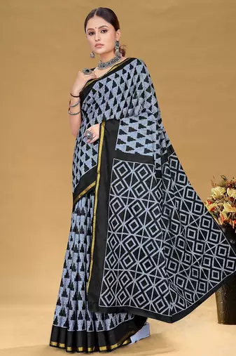 Hand block print with hevay zari bodar sarees